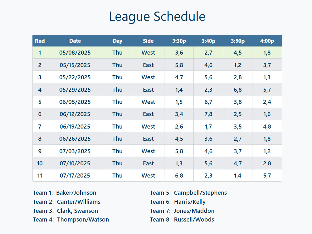 Golf League Schedule